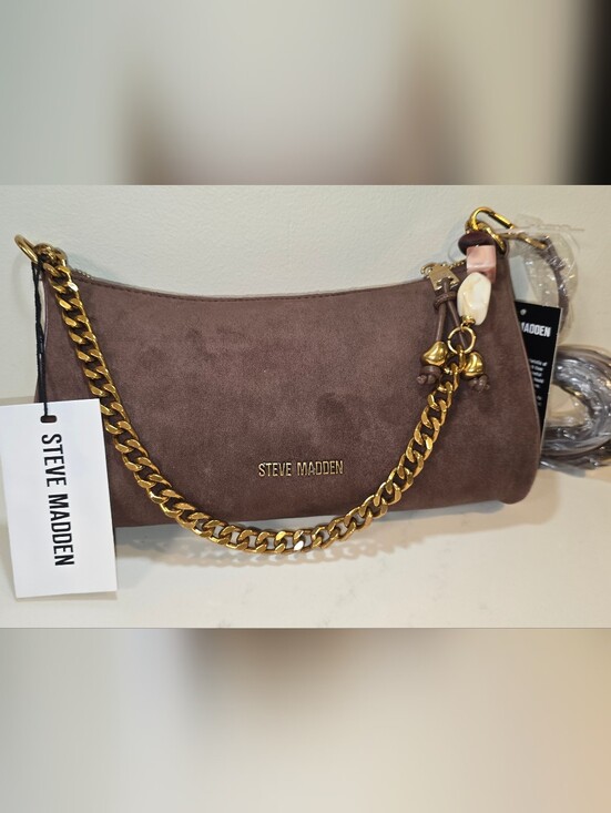 Steve Madden Handbags - Steve Madden Taupe Suede Shoulder Bag with Gold Chain
